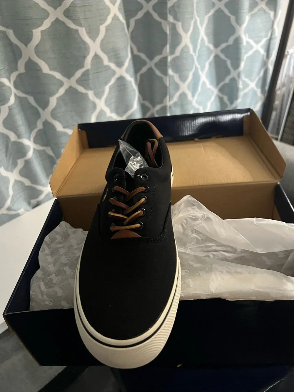 Polo by Ralph Lauren Black Canvas Low-Top Sneakers with Tan Accents